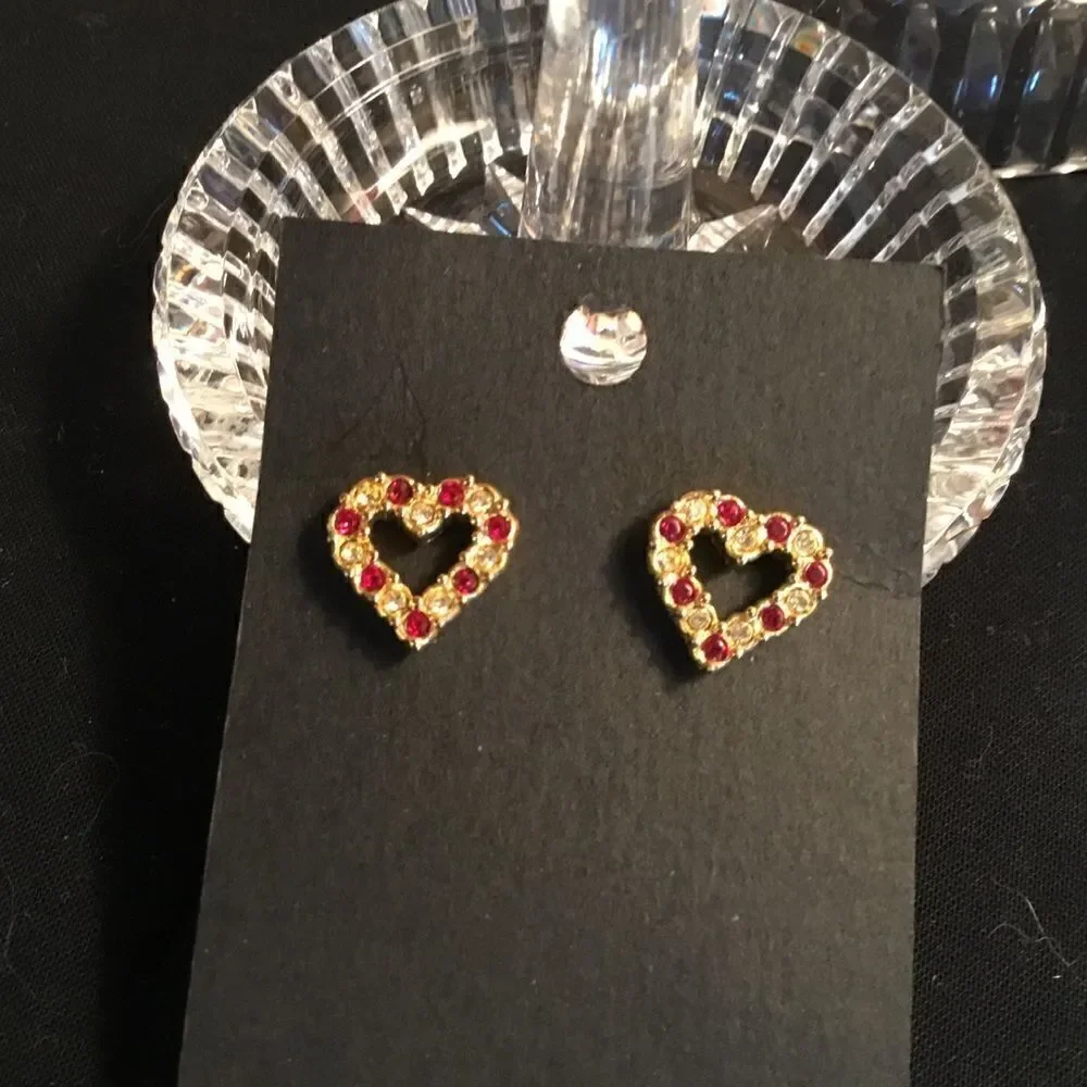 Goldtone Red and Clear Crystal Heart Earrings